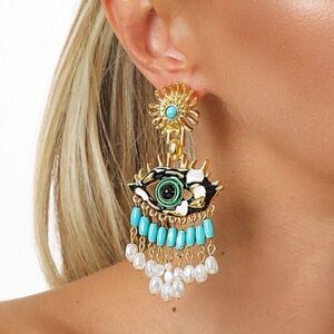 Evil Eye Statement Drop Earrings Turquoise & Pearls | Boho Glam
